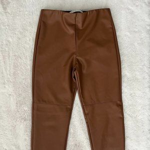 Girls Faux Leather Pants Slim Leg High Rise Ankle Length Brown